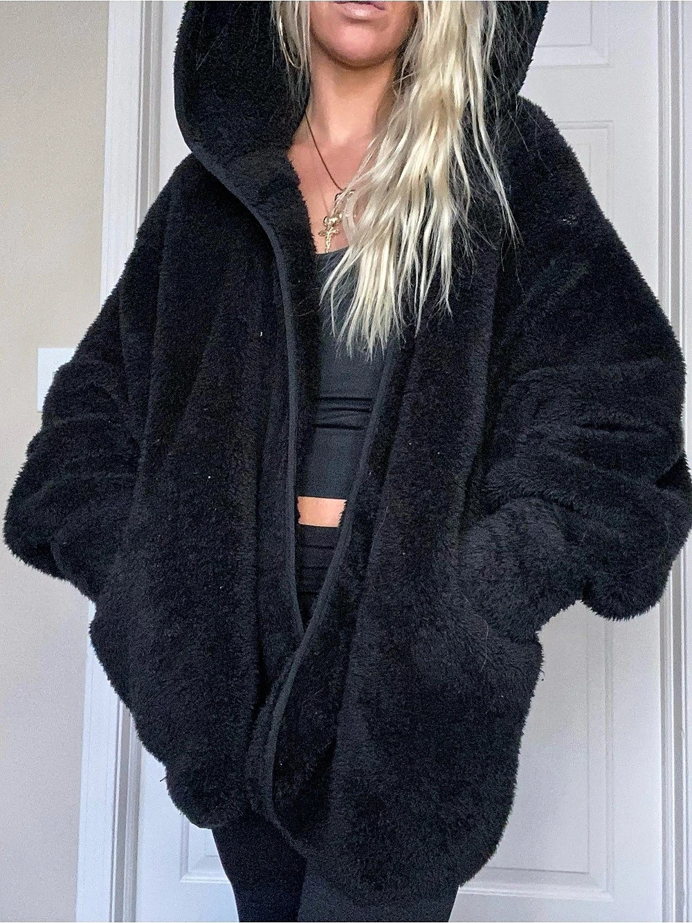 Black Oversized Teddy Hooded Jacket - Picture 1 of 3